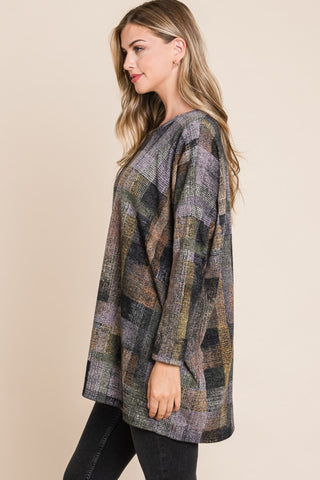 BOMBOM Plaid Round Neck Long Sleeve Top - 1985 the VAULT Boutique