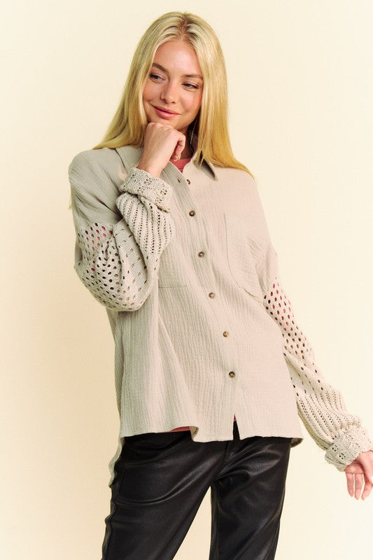 Davi & Dani Crochet Sleeve Crinkled Texture Shirt - 1985 the VAULT Boutique