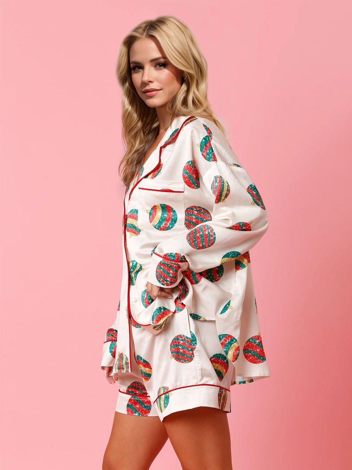 Printed Collared Neck Long Sleeve Top and Shorts Set - 1985 the VAULT Boutique