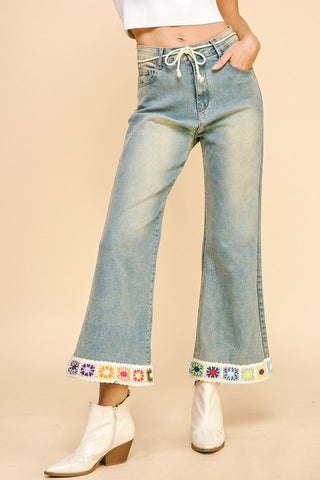 Davi & Dani Crochet Trim Flare Jeans with Pockets - 1985 the VAULT Boutique