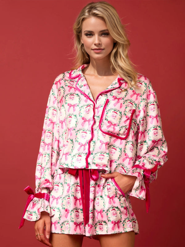 Tied Printed Collared Neck Long Sleeve Top and Shorts Set - 1985 the VAULT Boutique