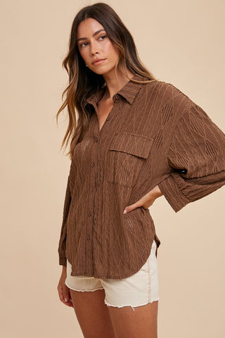 Annie Wear Openwork Button Down Drop Shoulder Shirt - 1985 the VAULT Boutique