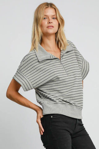 Umgee Striped Half Zip Short Sleeve Sweatshirt - 1985 the VAULT Boutique