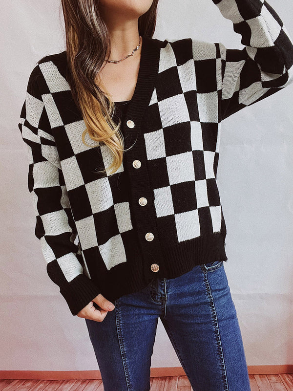 Checkered Open Front Button Up Cardigan - 1985 the VAULT Boutique