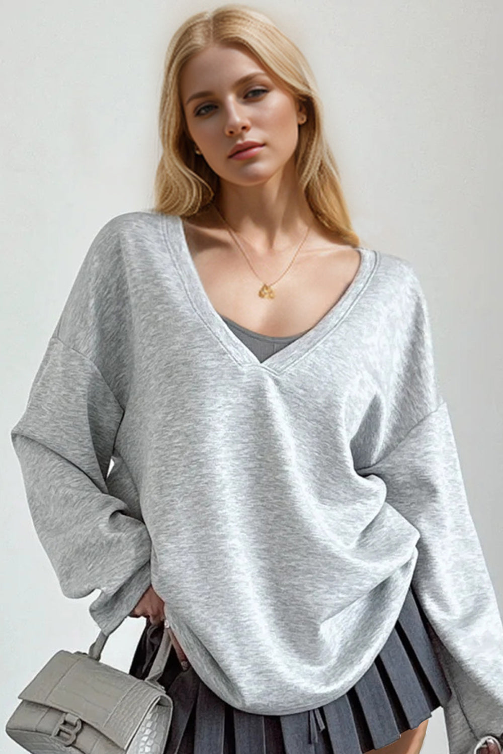 Basic Bae V-Neck Dropped Shoulder Long Sleeve Sweatshirt with Bra - 1985 the VAULT Boutique