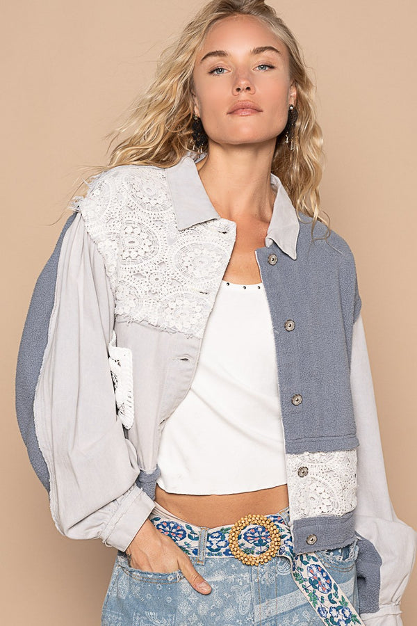 POL Crochet Patch Exposed Seam Button Up Jacket - 1985 the VAULT Boutique