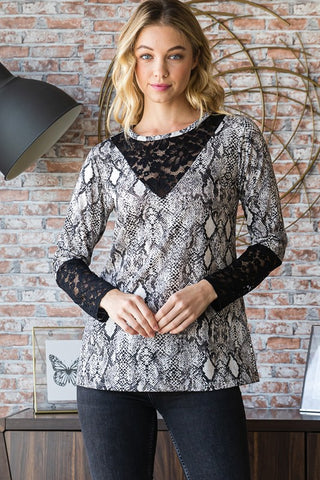 Heimish Full Size Snakeskin Print Round Neck Lace Contrast Top - 1985 the VAULT Boutique