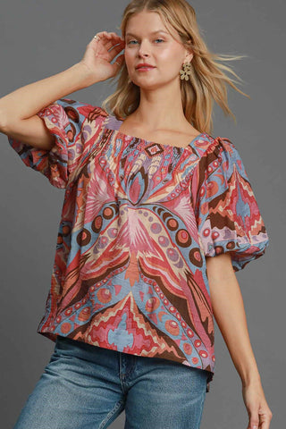 Umgee Full Size Abstract Print Smocked Square Neck Puff Sleeve Blouse - 1985 the VAULT Boutique