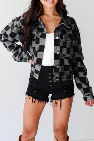 Checkered Button Up Denim Jacket - 1985 the VAULT Boutique