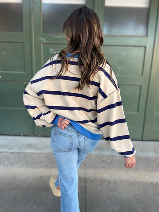 Contrast Trim Cardigan in Navy Stripe - 1985 the VAULT Boutique