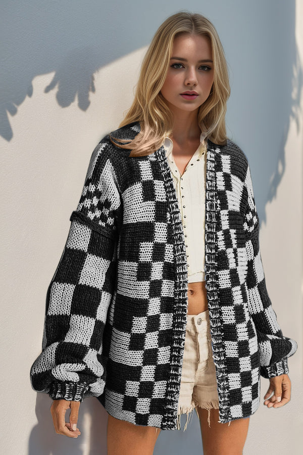 Double Take Full Size Open Front Checkered Drop Shoulder Cardigan - 1985 the VAULT Boutique