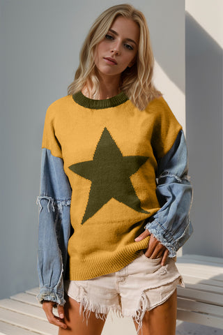 Double Take Full Size Star Pattern Raw Edge Long Sleeve Sweater - 1985 the VAULT Boutique