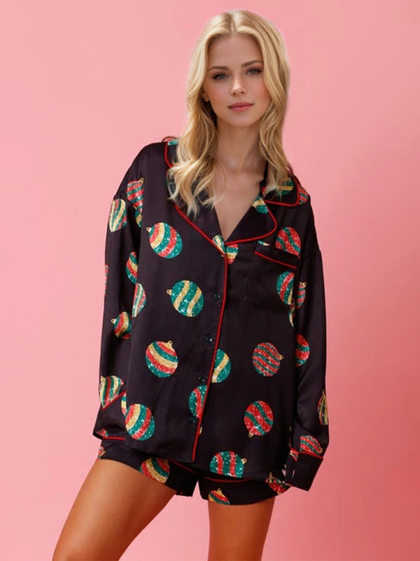 Printed Collared Neck Long Sleeve Top and Shorts Set - 1985 the VAULT Boutique