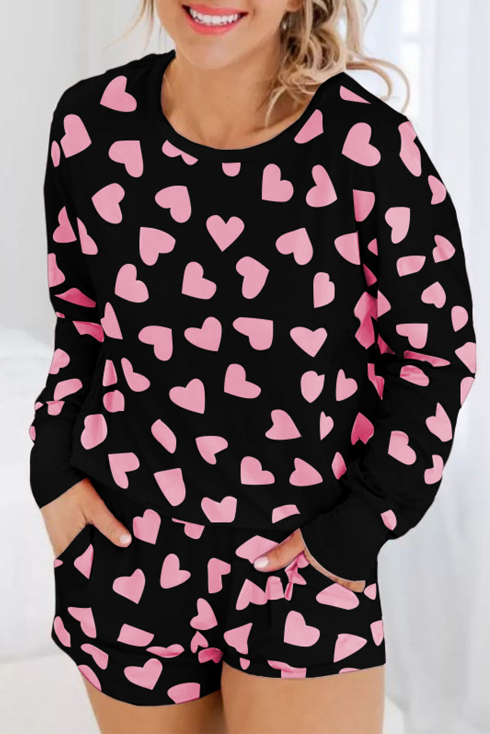 Heart Print Long Sleeve Top and Shorts Lounge Set - 1985 the VAULT Boutique