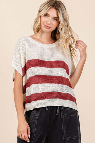 Mittoshop Contrast Striped Round Neck Short Sleeve Sweater - 1985 the VAULT Boutique