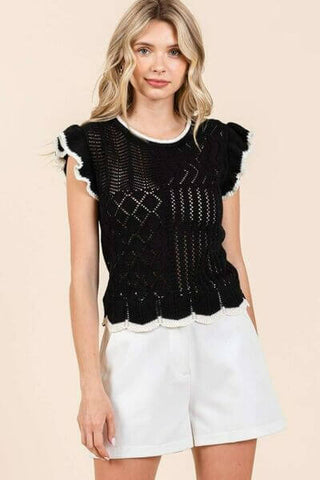 Mittoshop Openwork Contrast Trim Ruffled Cap Sleeve Knit Top - 1985 the VAULT Boutique