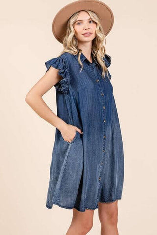 Mittoshop Washed Chambray Ruffle Sleeve Buttoned Mini Dress - 1985 the VAULT Boutique