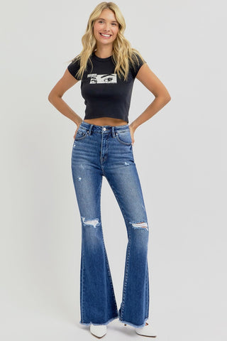 RISEN Full Size High Rise Distressed Raw Hem Flare Jeans - 1985 the VAULT Boutique