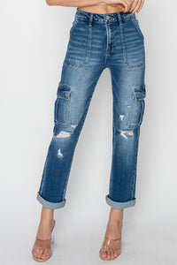 RISEN Full Size High Rise Cargo Ankle Roll Up Straight Jeans - 1985 the VAULT Boutique