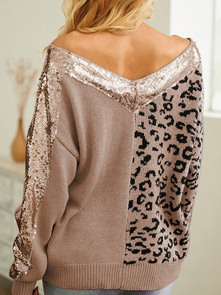 Leopard Sequin V-Neck Long Sleeve Sweater - 1985 the VAULT Boutique