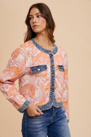 Annie Wear Floral Jacquard Denim Contrast Button Down Jacket - 1985 the VAULT Boutique