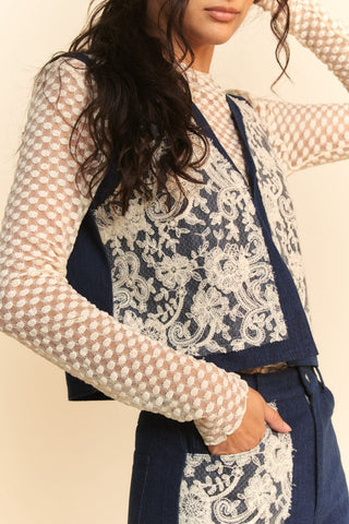 Davi & Dani Lace Patch Open Front Denim Vest - 1985 the VAULT Boutique