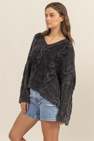 HYFVE Cable Knit V-Neck Dropped Shoulder Oversized Sweater - 1985 the VAULT Boutique