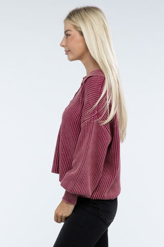 Washed Collared Henley Sweater - 1985 the VAULT Boutique