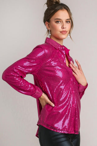 Umgee Sequin Long Sleeve Shirt with Side Chest Pocket - 1985 the VAULT Boutique