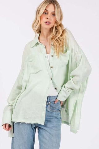 SAGE + FIG Frayed Hem Side Slit Button Down Shirt - 1985 the VAULT Boutique