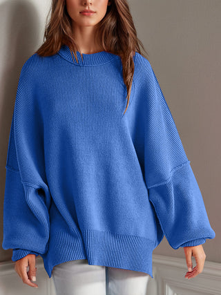 Double Take Side Slit Round Neck Long Sleeve Sweater - 1985 the VAULT Boutique