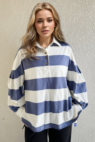 Oh Wide Striped Collared Neck Long Sleeve Top - 1985 the VAULT Boutique