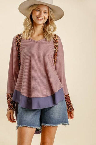 Umgee Full Size Leopard High-Low Dolman Sleeve Waffle Knit Top Plus Size - 1985 the VAULT Boutique