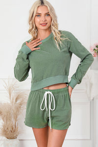 Round Neck Long Sleeve Top and Drawstring Shorts Lounge Set - 1985 the VAULT Boutique