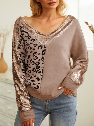 Leopard Sequin V-Neck Long Sleeve Sweater - 1985 the VAULT Boutique