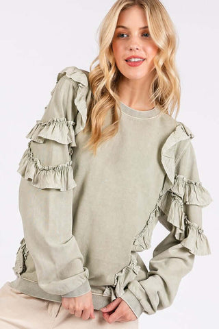 Mittoshop Ruffled Mineral Washed Round Neck Long Sleeve Sweatshirt - 1985 the VAULT Boutique