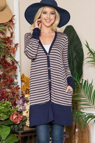 Celeste Full Size Striped Button Up Long Sleeve Cardigan Plus Size - 1985 the VAULT Boutique