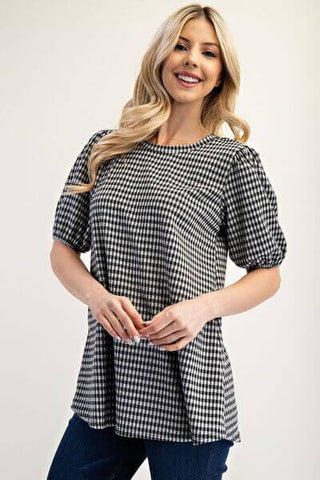 Celeste Full Size Gingham Print Top With Puff Sleeves Plus Size - 1985 the VAULT Boutique