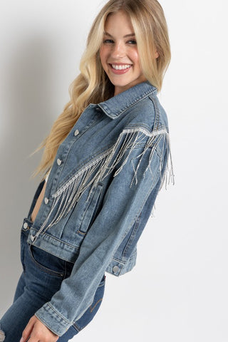 CROP DENIM JACKET WITH RHINESTONE FRINGE - 1985 the VAULT Boutique