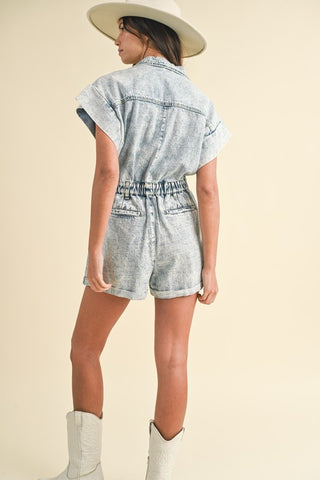 Annie Wear Elastic Waistband Short Sleeve Denim Romper - 1985 the VAULT Boutique