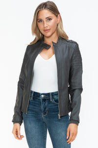 Snobbish PU Leather Biker Jacket with Side Zip Pockets