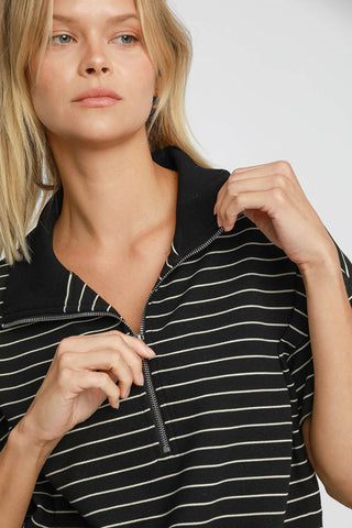 Umgee Striped Half Zip Short Sleeve Sweatshirt - 1985 the VAULT Boutique