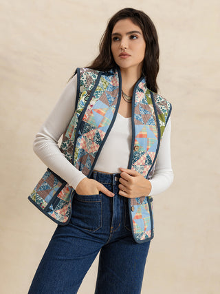 Printed Patchwork Contrast Piping Vest - 1985 the VAULT Boutique