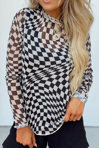 Checkered Mock Neck Long Sleeve Blouse - 1985 the VAULT Boutique