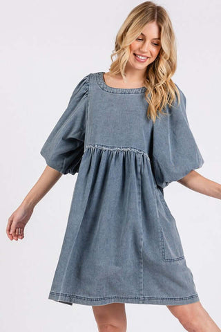 Mittoshop Washed Round Neck Puff Sleeve Denim Dress - 1985 the VAULT Boutique