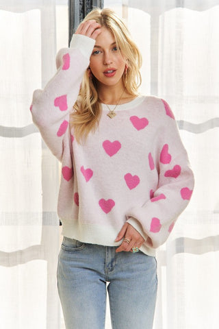 ADORA Heart Round Neck Drop Shoulder Sweater - 1985 the VAULT Boutique