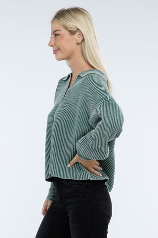 Washed Collared Henley Sweater - 1985 the VAULT Boutique