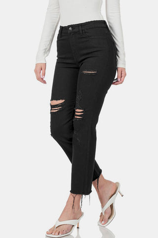 Zenana Distressed Raw Hem Cropped Jeans - 1985 the VAULT Boutique