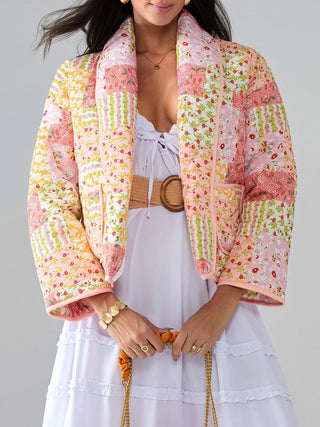 Printed Patchwork Open Front Cardigan with Pockets - 1985 the VAULT Boutique