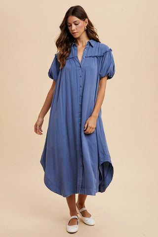 Annie Wear Mineral Washed Button Down Puff Sleeve Shirt Dress - 1985 the VAULT Boutique